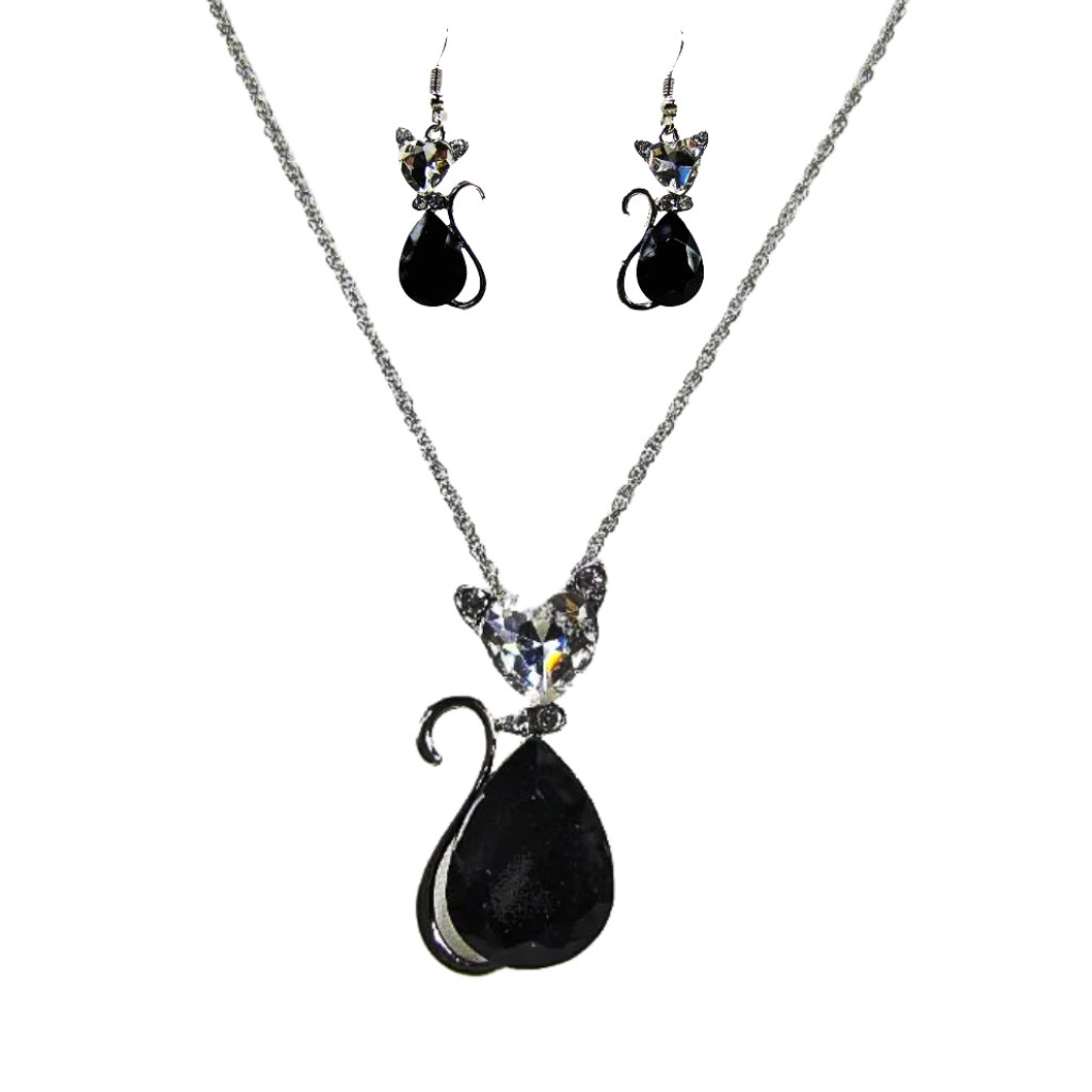Black Cat Pendant Necklace And Earring Set In Black And Clear Crystals - New 15$